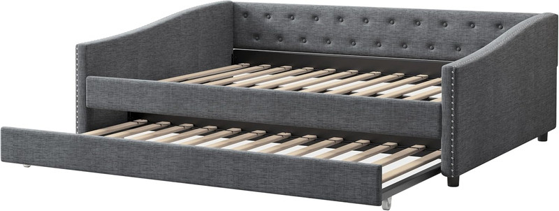 Modern Linen Daybed with Trundle, Button Tufted, Dark Grey, No Box Spring Needed gallery