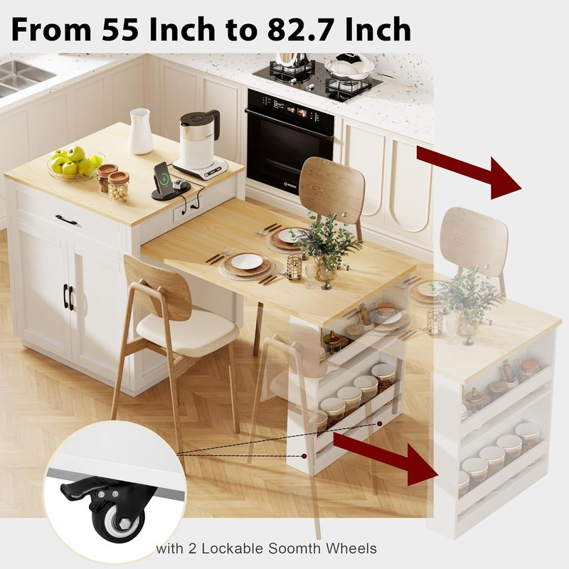 Rolling Kitchen Island with Extendable Table, Power Outlet & Storage, White gallery