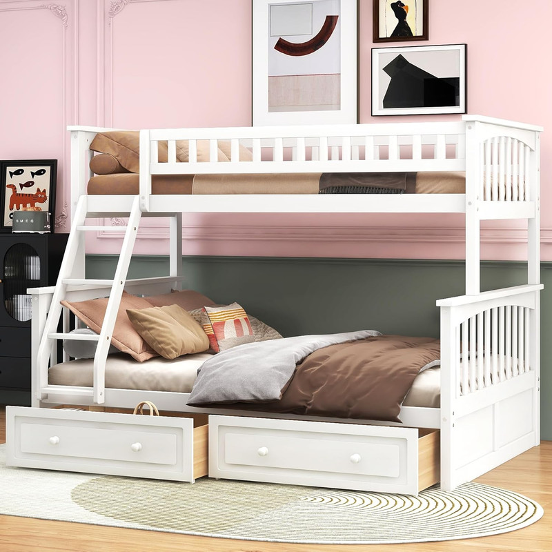 Space-Saving Twin over Full Bunk Bed with Drawers and Guardrail, White