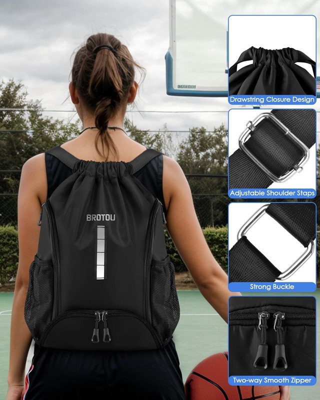 BROTOU Soccer Drawstring Backpack, Basketball Bag, Volleyball One Size, Black gallery