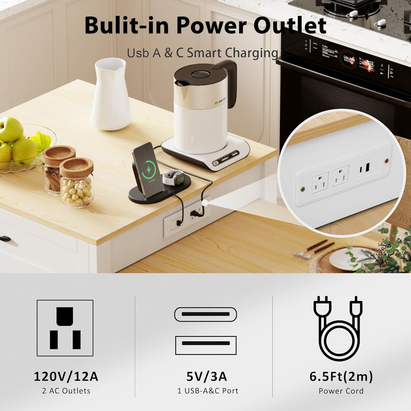 Rolling Kitchen Island with Extendable Table, Power Outlet & Storage, White gallery