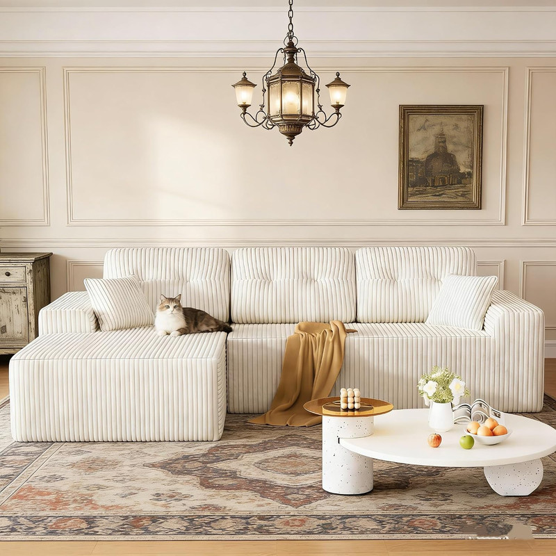 106“ Corduroy Cloud Couch Sectional with L-Shaped Chaise – Beige