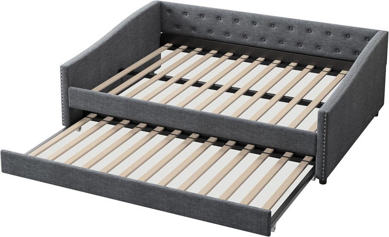 Modern Linen Daybed with Trundle, Button Tufted, Dark Grey, No Box Spring Needed gallery