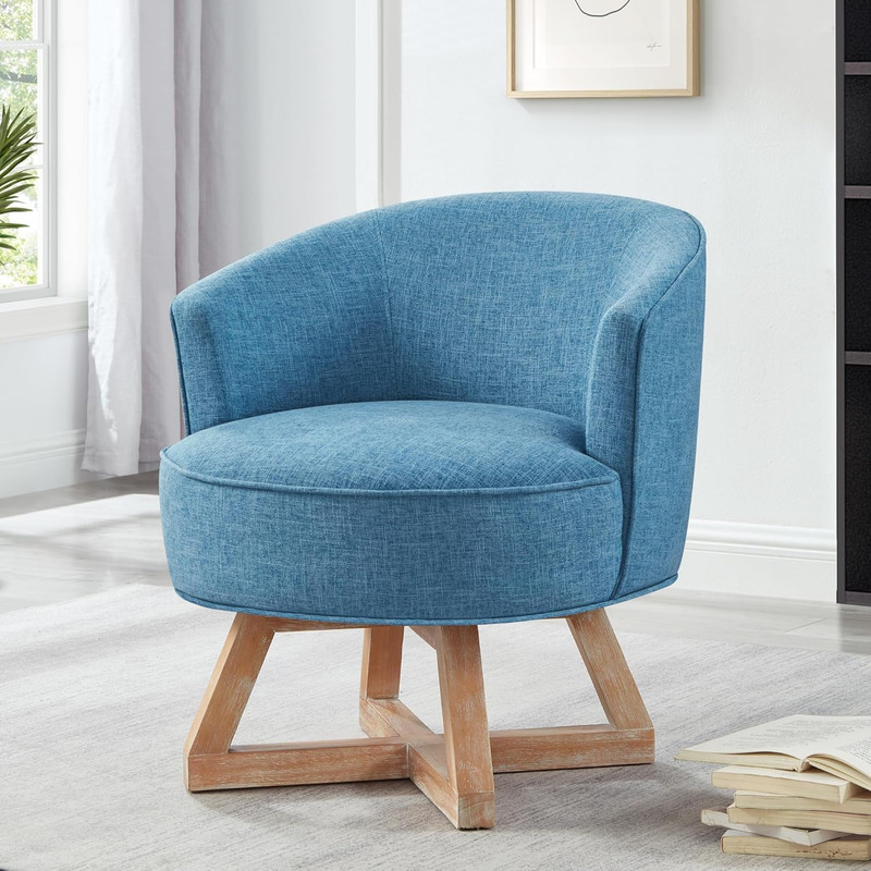 Light Blue Classic Swivel Chair with Wooden Base – Comfy Accent Lounge Chair