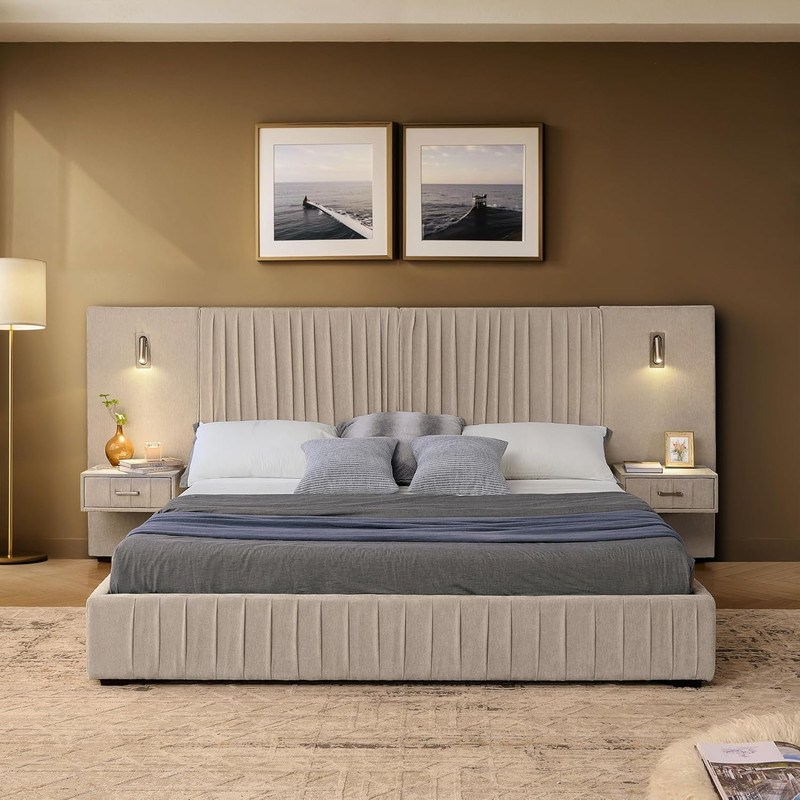 Queen Bed Frame with LED Lights & Nightstands, Chenille Upholstered, Beige