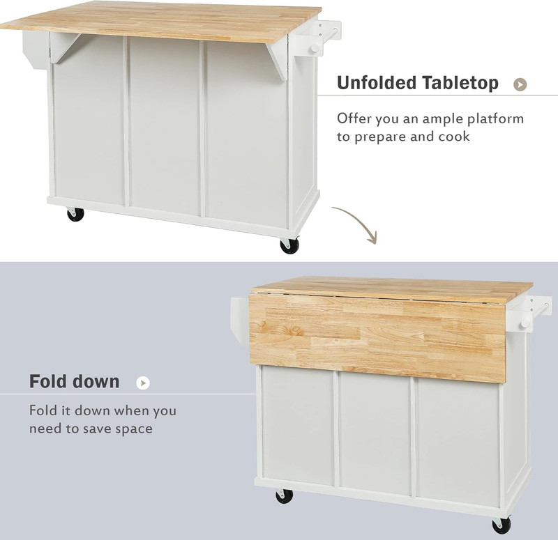 Versatile White Kitchen Cart with Drop-Leaf Top, Storage, and Wheels - 53 gallery