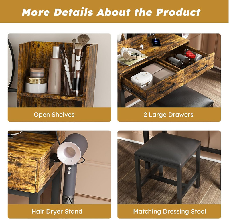 Dimmable Makeup Vanity Set with Mirror, Outlet, Drawers & Chair for Bedroom gallery