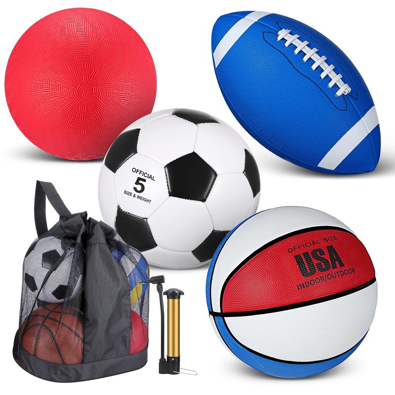 4 Pcs Sports Balls Set for Teen Adult, Include Official Size Basketball Socce...