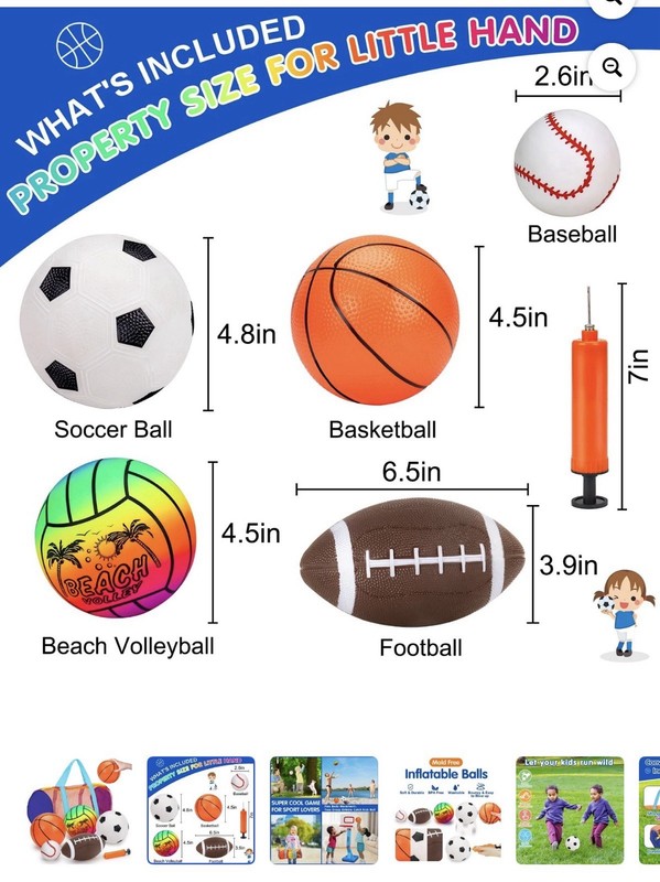 Balls Set for Kids with Bag Includes Football Soccer Basketball Baseball Volleyb gallery