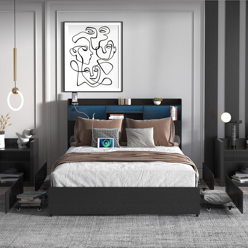 Queen Bed Frame with Storage, LED, Charging Station, Noise-Free