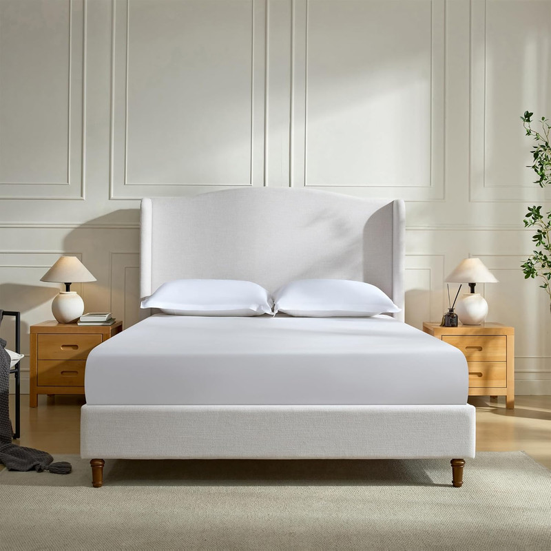 Ivory Chenille King Size Upholstered Platform Bed with Curved Wingback Headboard