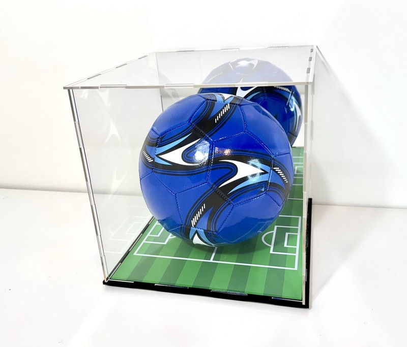 Full Size Soccer Ball Display Case with Green Field Acrylic Base & Mirror