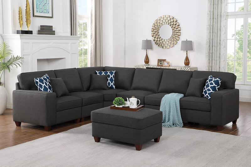 116″ L-Shaped Sectional Couch with Movable Ottoman and 6 Throw Pillows,7 Seat Ch