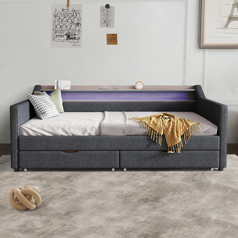 Stylish Twin Daybed with Storage, USB Port & LED Light - Dark Grey gallery