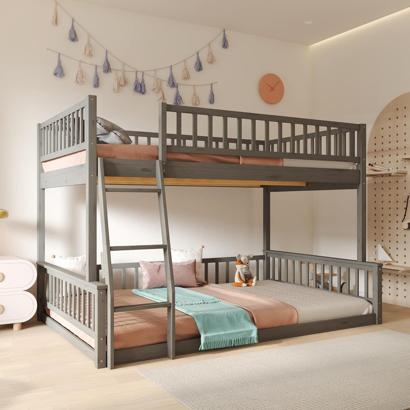 XL Over Queen Bunk Bed with Ladder & Guardrails - Gray Wood Frame