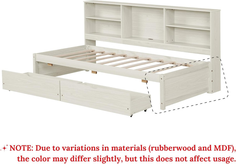 Modern Twin Daybed with Storage, Bookshelves & USB Port - Creamy White gallery