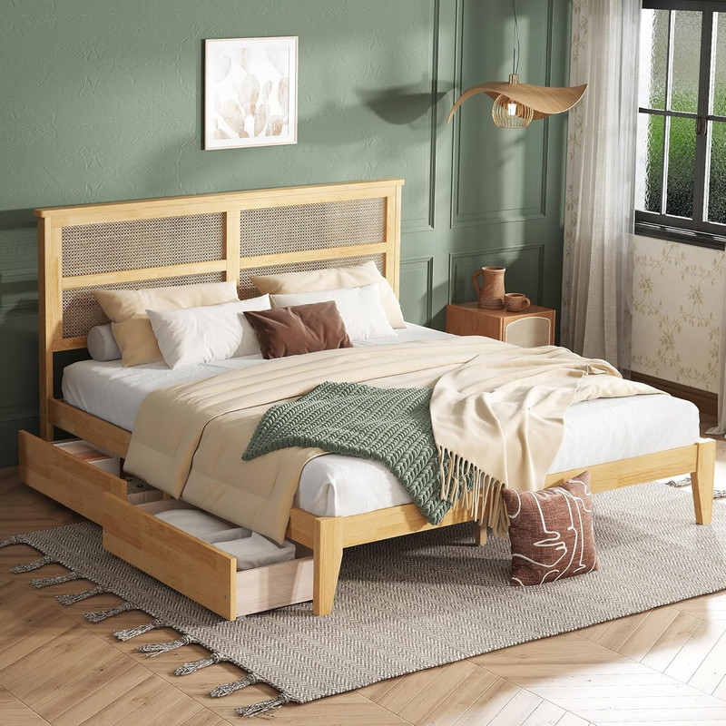 King Size Platform Bed Frame with Storage Drawers & Rattan Headboard, White Oak