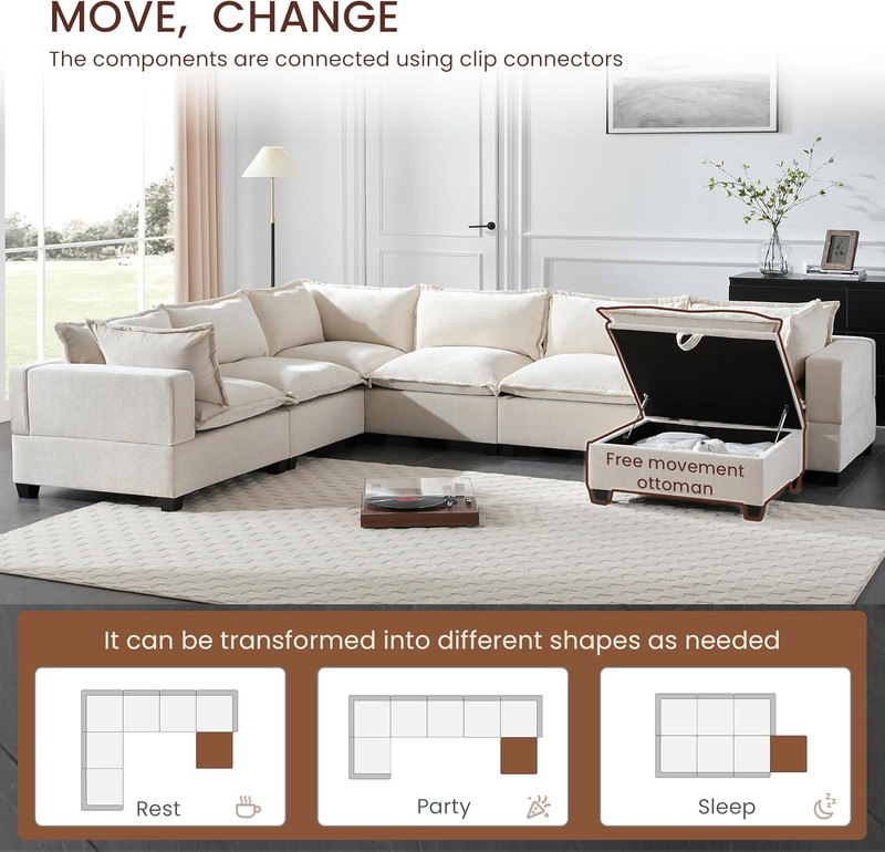 Oversized U-Shaped Sectional Sofa with Storage Ottoman & 9 Pillows, Beige gallery