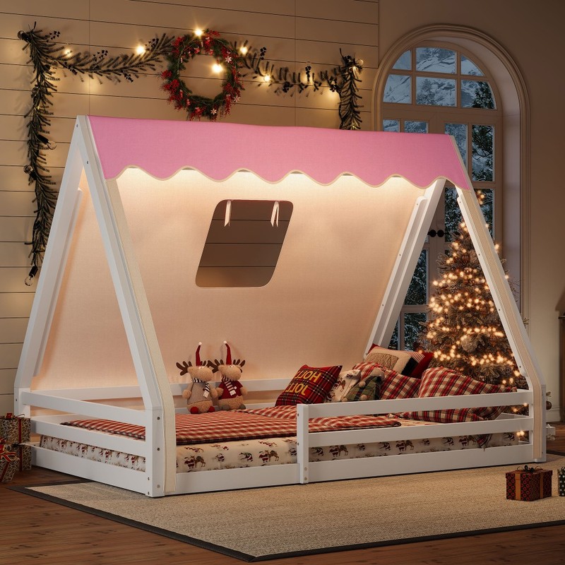 Full Size Teepee Floor Bed with Tent, Guardrails, White and Pink