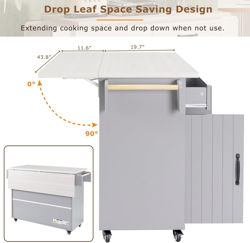 Grey Kitchen Island with Trash Can, Drop Leaf, Spice Rack & Wheels gallery