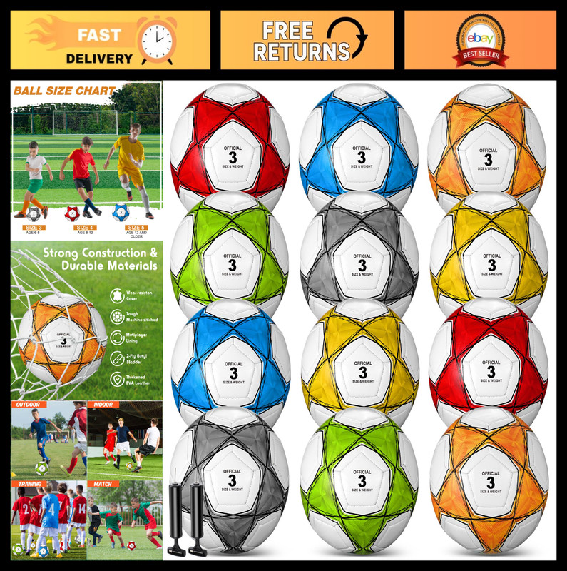 12 Pcs Soccer Balls Set with Pump - Sizes 3, 4, 5 for Kids & Adults - Training &