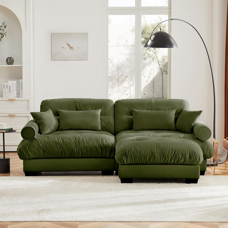 Olive Green Modular Sectional Sofa with Movable Ottoman and Pillows gallery