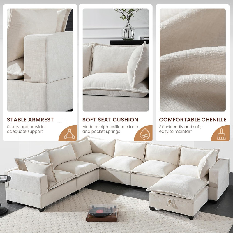 Oversized U-Shaped Sectional Sofa with Storage Ottoman & 9 Pillows, Beige gallery