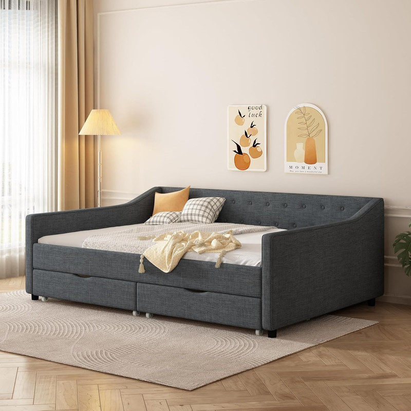 Stylish Linen Upholstered Daybed with Storage Drawers, Dark Grey gallery