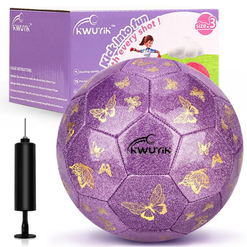 Soccer Ball Size 3 Purple Glitter Butterfly Football for Kids Sparkle Gift fo…