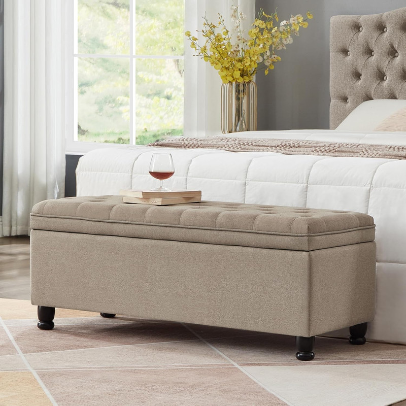 Button Tufted Storage Ottoman with Hinged Lid and Wooden Legs for Living Room