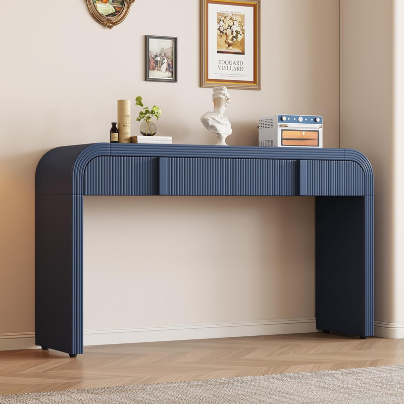 Navy Blue 55″ Rounded Console Table with 2 Drawers for Living Room & Hallway