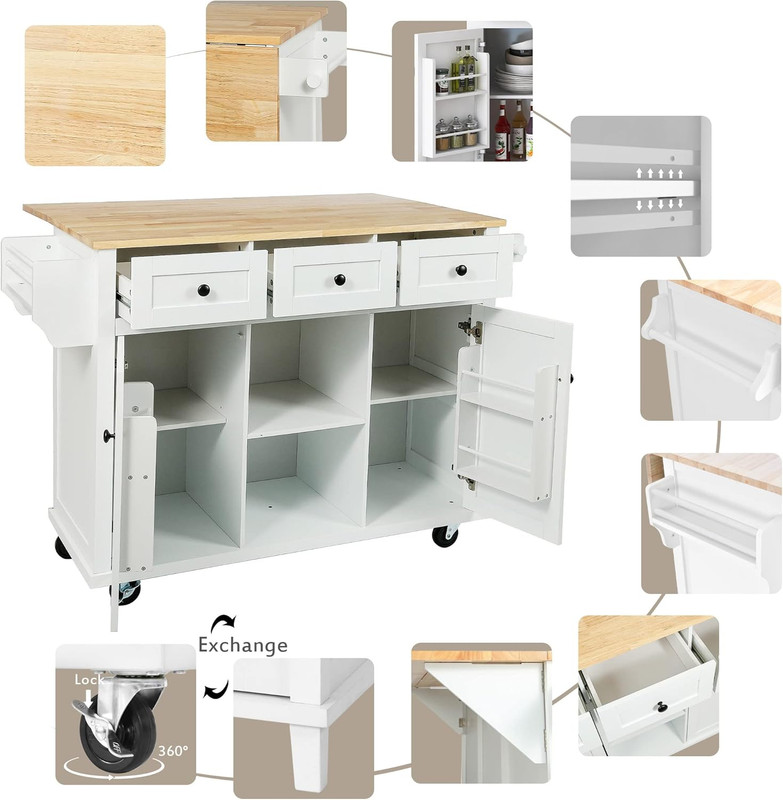 Kitchen Cart with Rubber Wood Drop-Leaf Countertop,Cabinet Door Internal Storage gallery