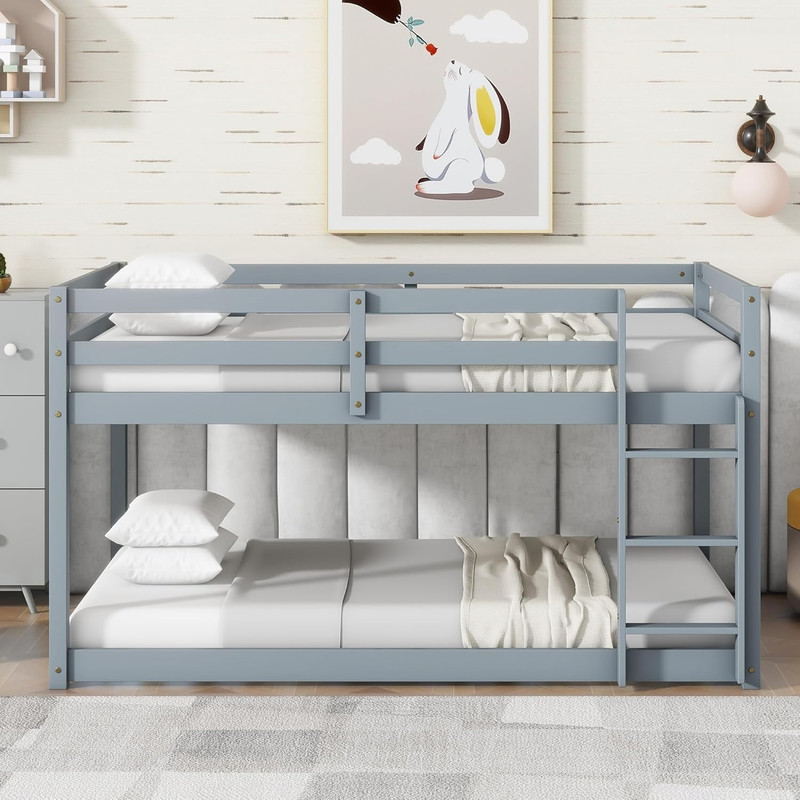 Grey Solid Rubber Wood Twin Bunk Bed with Ladder & Guardrail for Kids