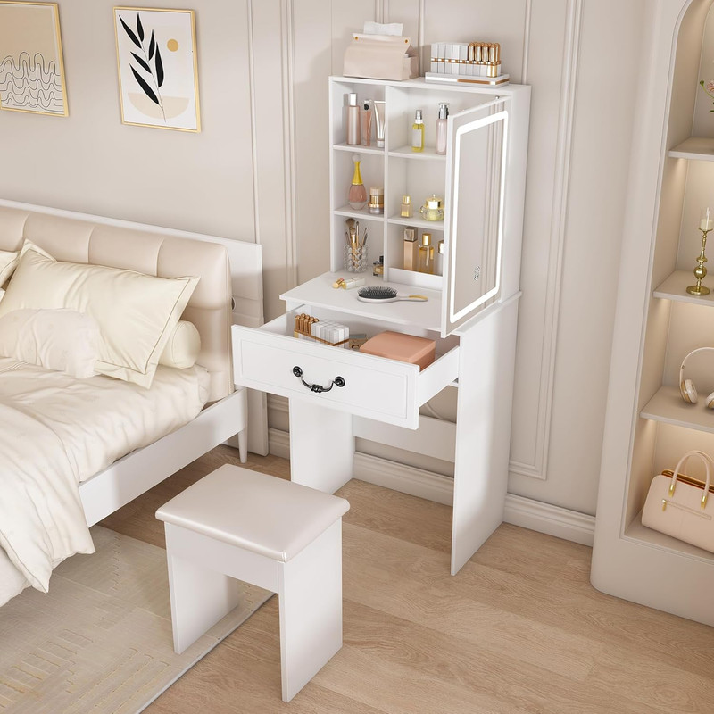 Illuminated Mini Vanity Desk with Hidden Storage & Padded Stool - White gallery