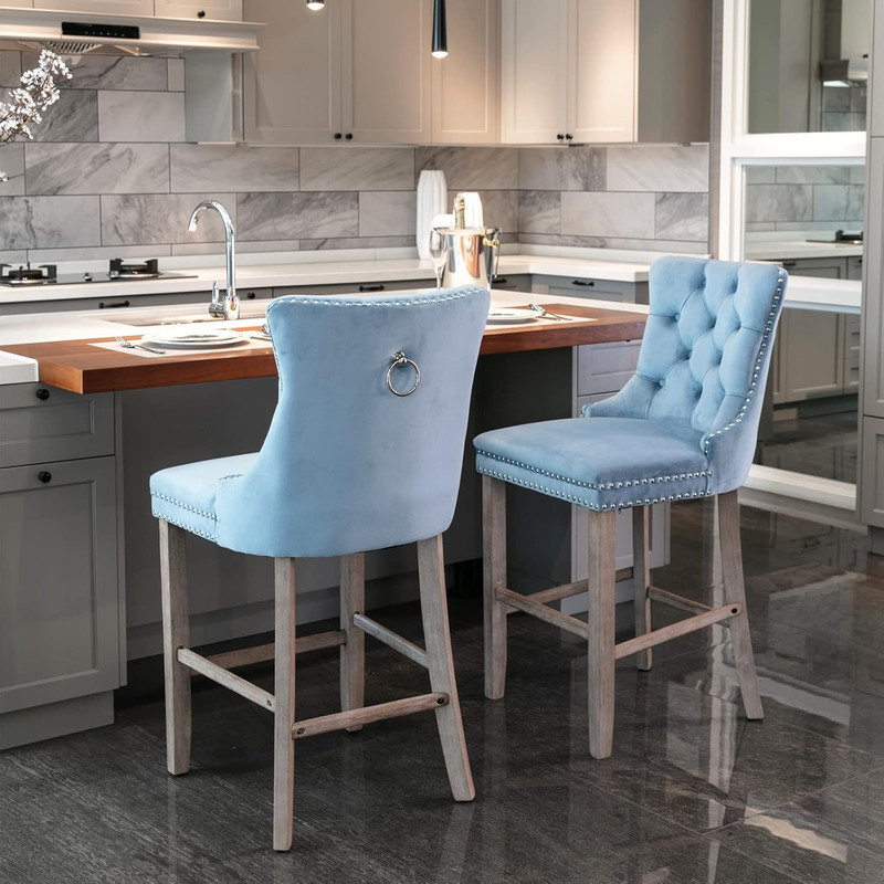 Light Blue Velvet Wingback Bar Stools Set of 2 with Nailhead Trim