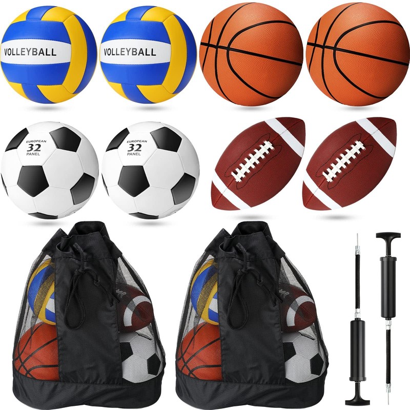 8 Pcs Sports Balls Set Include Basketball Football Soccer Volleyball with 2 S...