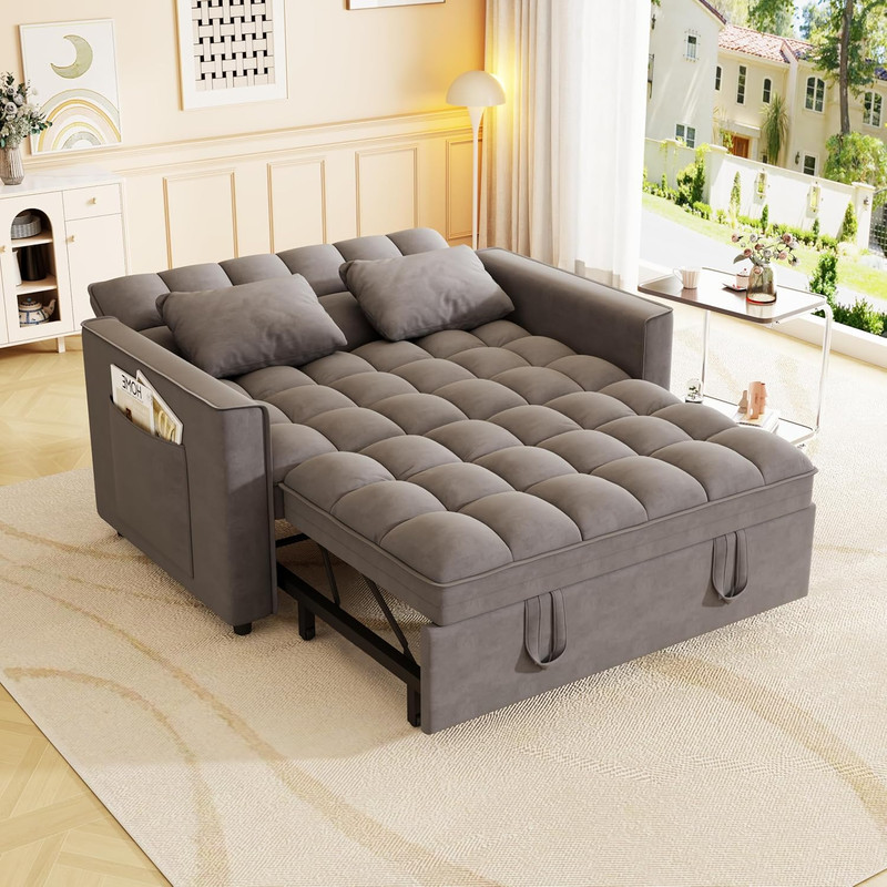 Convertible Velvet Sleeper Sofa Bed with Pillows & Side Pocket, Dark Gray gallery