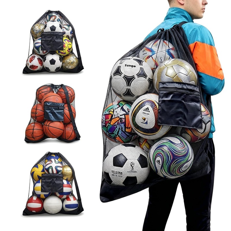Extra Large Mesh Ball Bag with Pocket, Holds 13 Large, Black