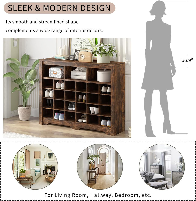 Modern 45" Shoe Cabinet with 5-Tier Rack & 27 Cubbies, Rustic Brown Storage gallery