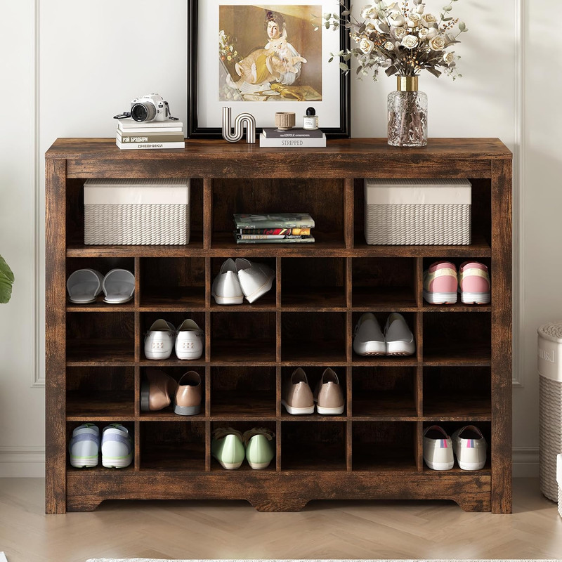 Modern 45" Shoe Cabinet with 5-Tier Rack & 27 Cubbies, Rustic Brown Storage gallery