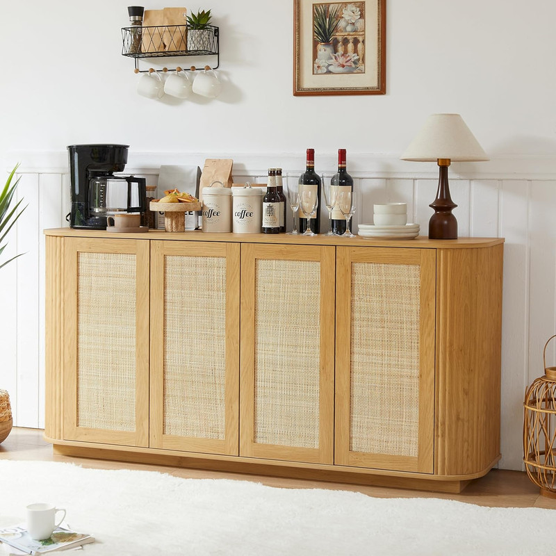 Mid Century Modern 64" Buffet Cabinet with Storage - Natural Oak Sideboard