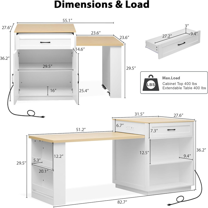 Rolling Kitchen Island with Extendable Table, Power Outlet & Storage, White gallery