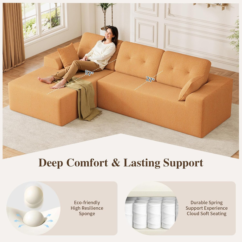106" Cloud Sectional Couch, Compressed L-Shaped Sofa with Deep Seat Chaise, Bone gallery
