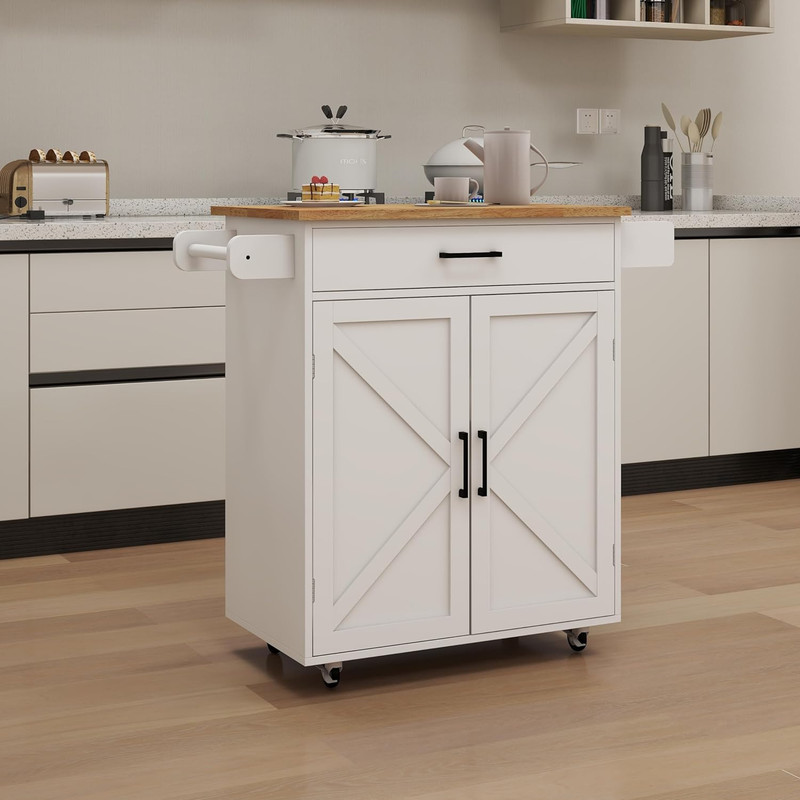 Farmhouse Style Kitchen Island with Rolling Wheels,Indoor Kitchen Islands with T