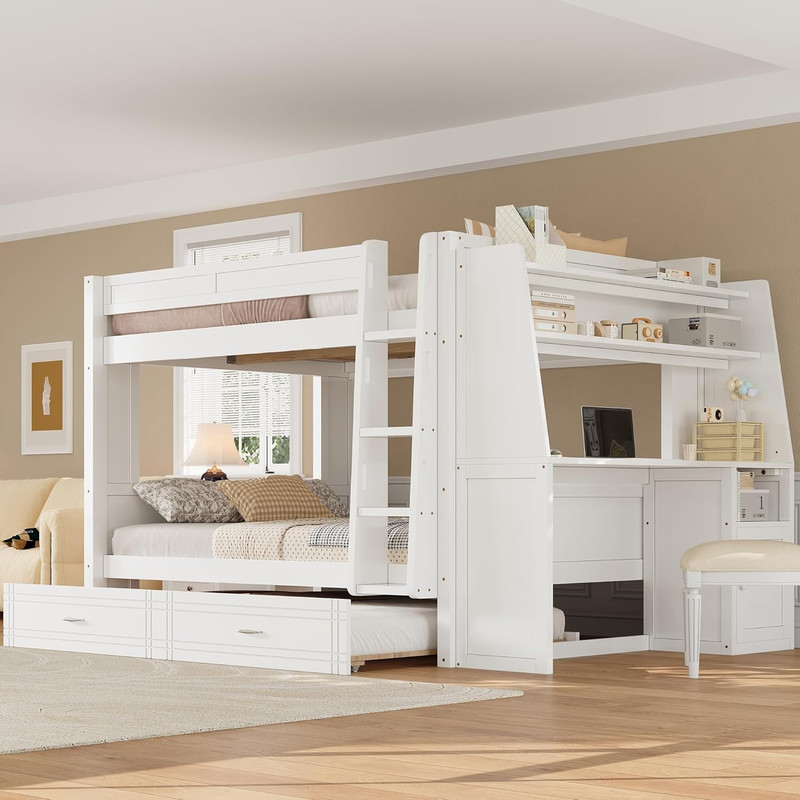 Multifunctional Full Size Bunk Bed with Desk, Trundle & Bookshelves, White