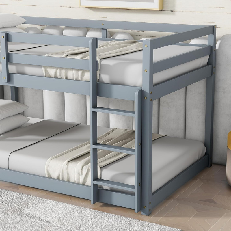 Grey Solid Rubber Wood Twin Bunk Bed with Ladder & Guardrail for Kids gallery