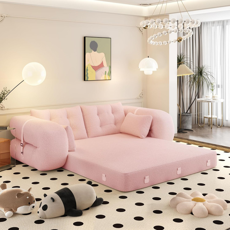 Pink Convertible Sleeper Sofa Bed with Plush Pillow & Non-Slip Pad, 79 gallery