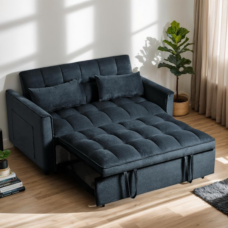 Compact 53″ Velvet Sleeper Sofa, 3-in-1 Couch with Adjustable Backrest, Black