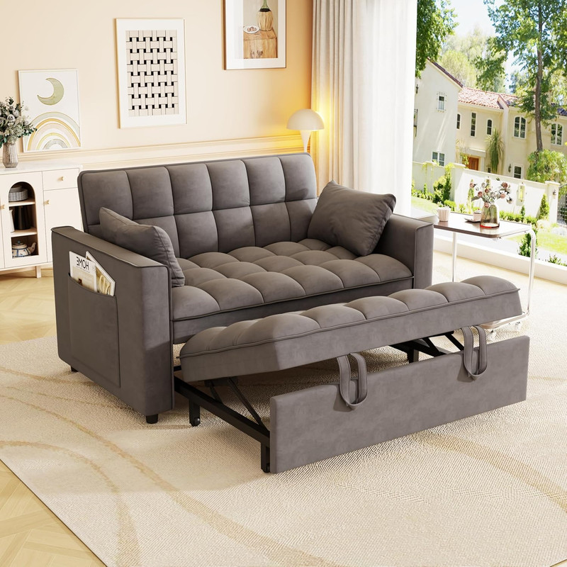 Convertible Velvet Sleeper Sofa Bed with Pillows & Side Pocket, Dark Gray gallery