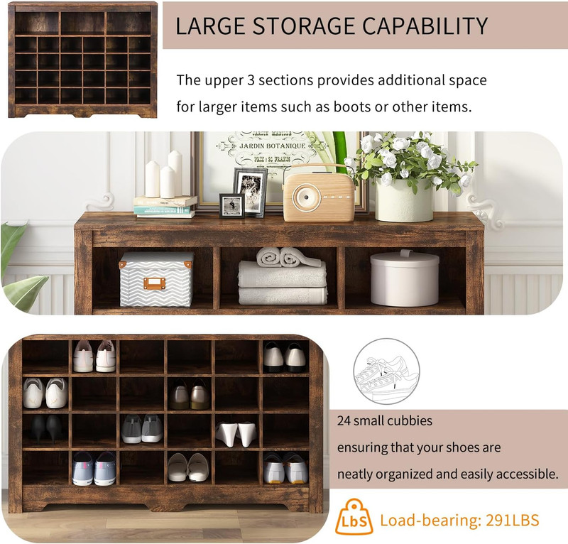 Modern 45" Shoe Cabinet with 5-Tier Rack & 27 Cubbies, Rustic Brown Storage gallery